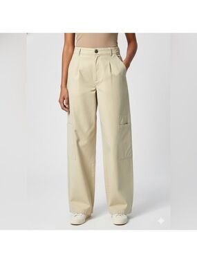 ZARA Cotton Wide Leg Cargo Pants in Butter Yellow Multi Pocket US Sz XL